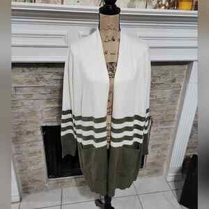 Michael Kors moss Green and White Striped Duster Length Cardigan Sweater Size XL